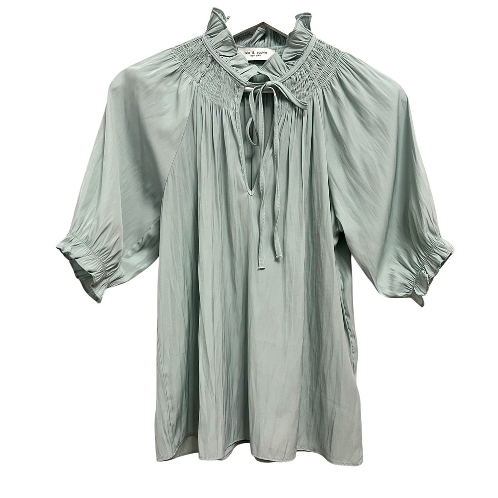 Lola & Sophie Blouse Women S Sage Green Smocked Ruffle Neck Tie Keyhole Peasant